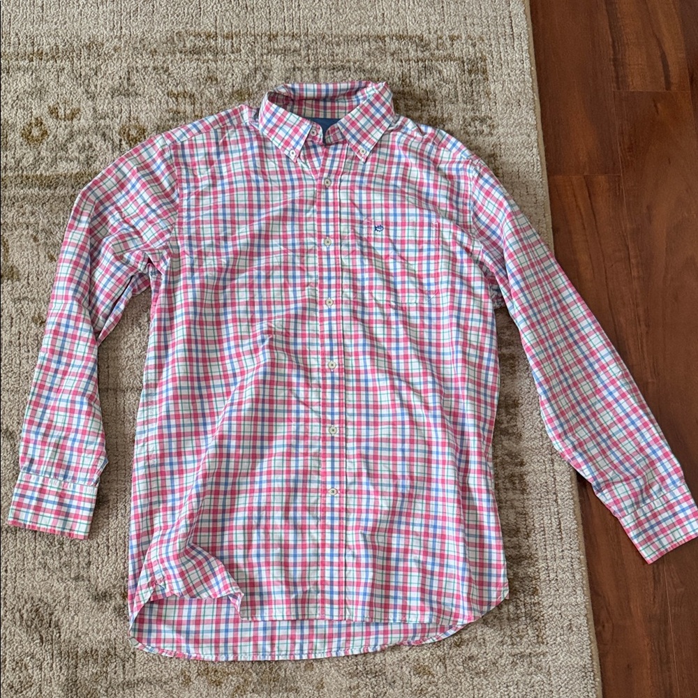 Southern Tide Pink and Blue Plaid Dress Shirt